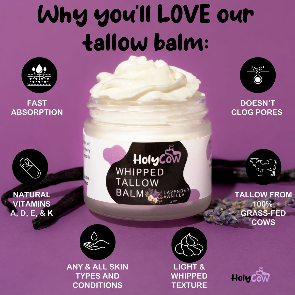 HolyCow jar opened to display herb-infused jojoba and grass-fed tallow blend benefits