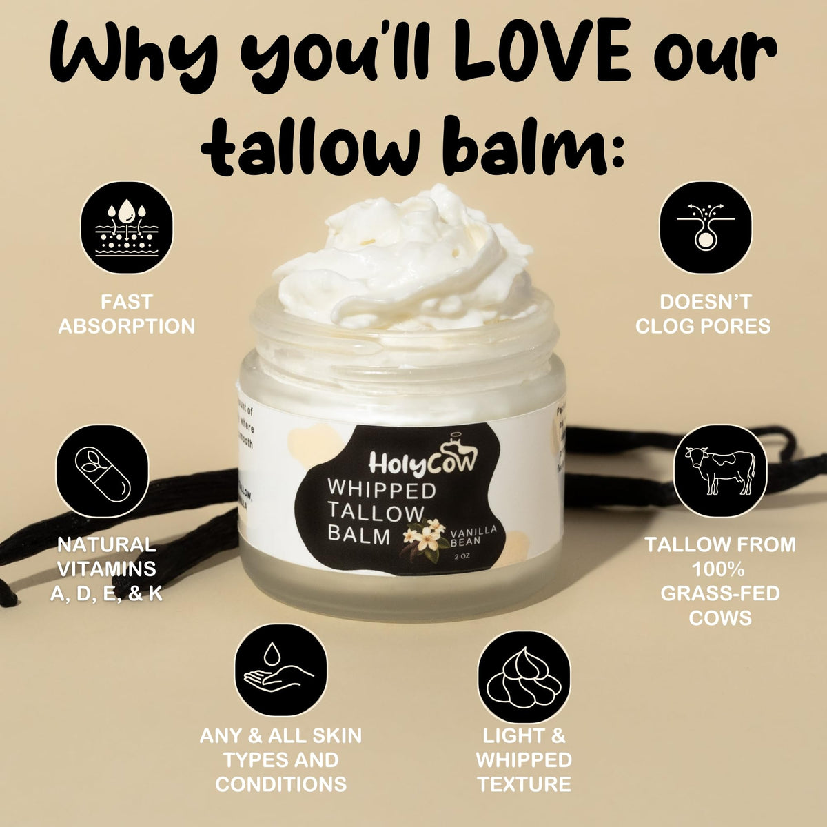 HolyCow whipped tallow texture close-up showing creamy absorbent finish