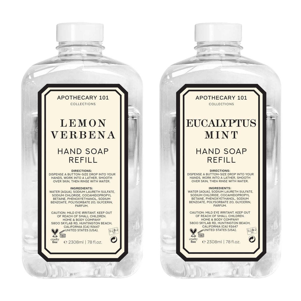 Home & Body Company two refill pouches front view showing Lemon Verbena and Eucalyptus Mint scents for cost savings