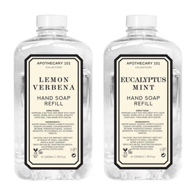 Home & Body Company two refill pouches front view showing Lemon Verbena and Eucalyptus Mint scents for cost savings