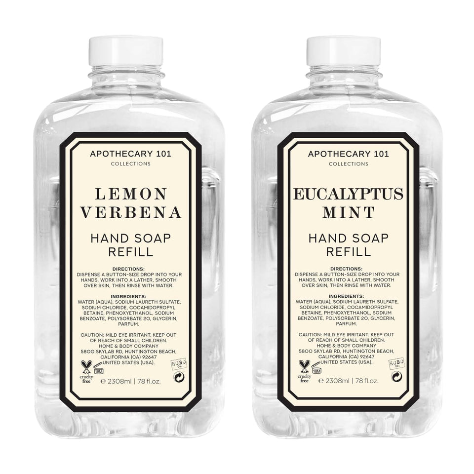Home & Body Company two refill pouches front view showing Lemon Verbena and Eucalyptus Mint scents for cost savings