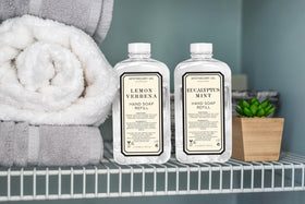Kitchen countertop with Home & Body Company refill and dispenser showing neat, aromatic handwashing setup