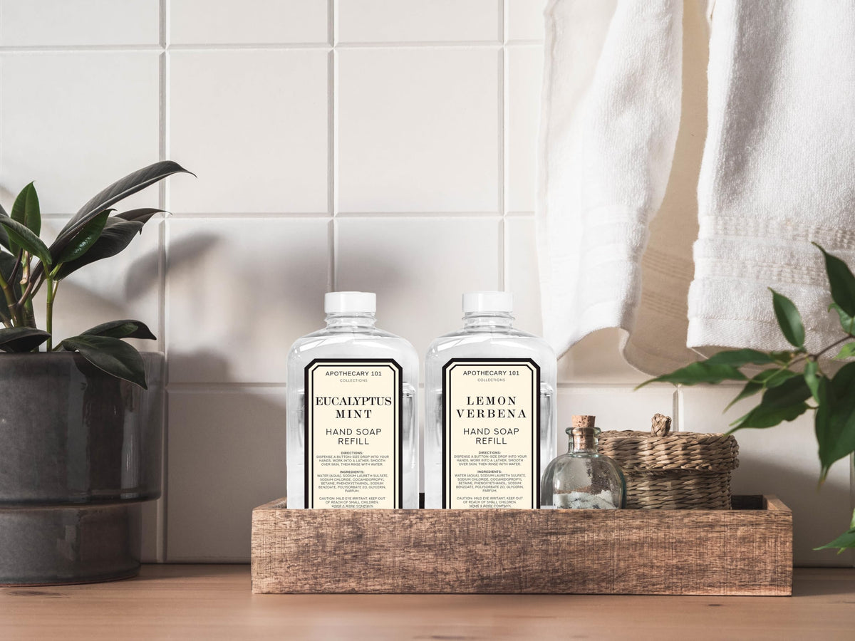 Close-up of Home & Body Company Apothecary 101 label readable details and scent names for easy identification