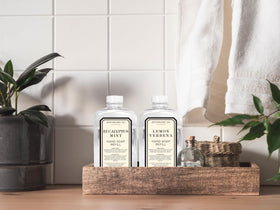 Close-up of Home & Body Company Apothecary 101 label readable details and scent names for easy identification