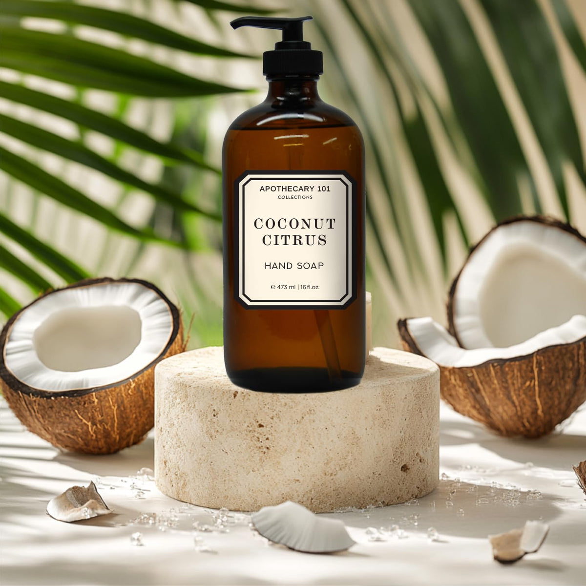 Home & Body Company Coconut Citrus bottle styled in bathroom showcasing bright fragrance