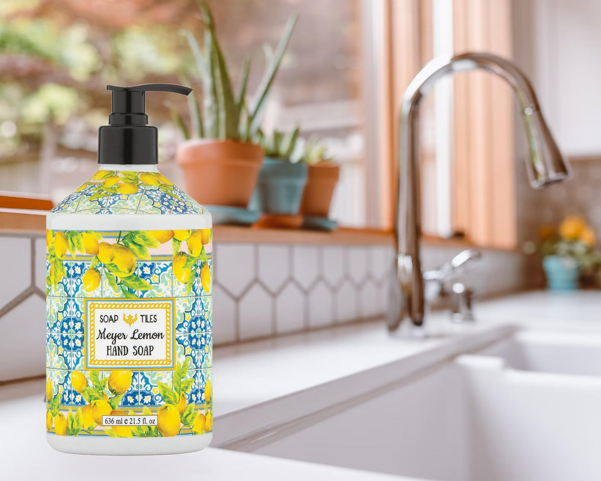 Home & Body Company Soap Tiles pump close-up showing sturdy dispenser for frequent use