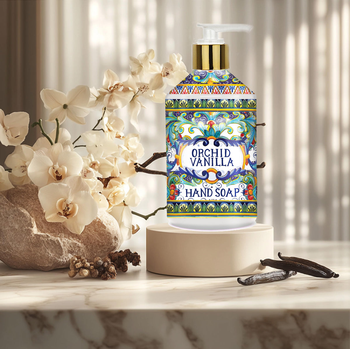Home & Body Company bottles staged on bathroom counter adding decorative scent options