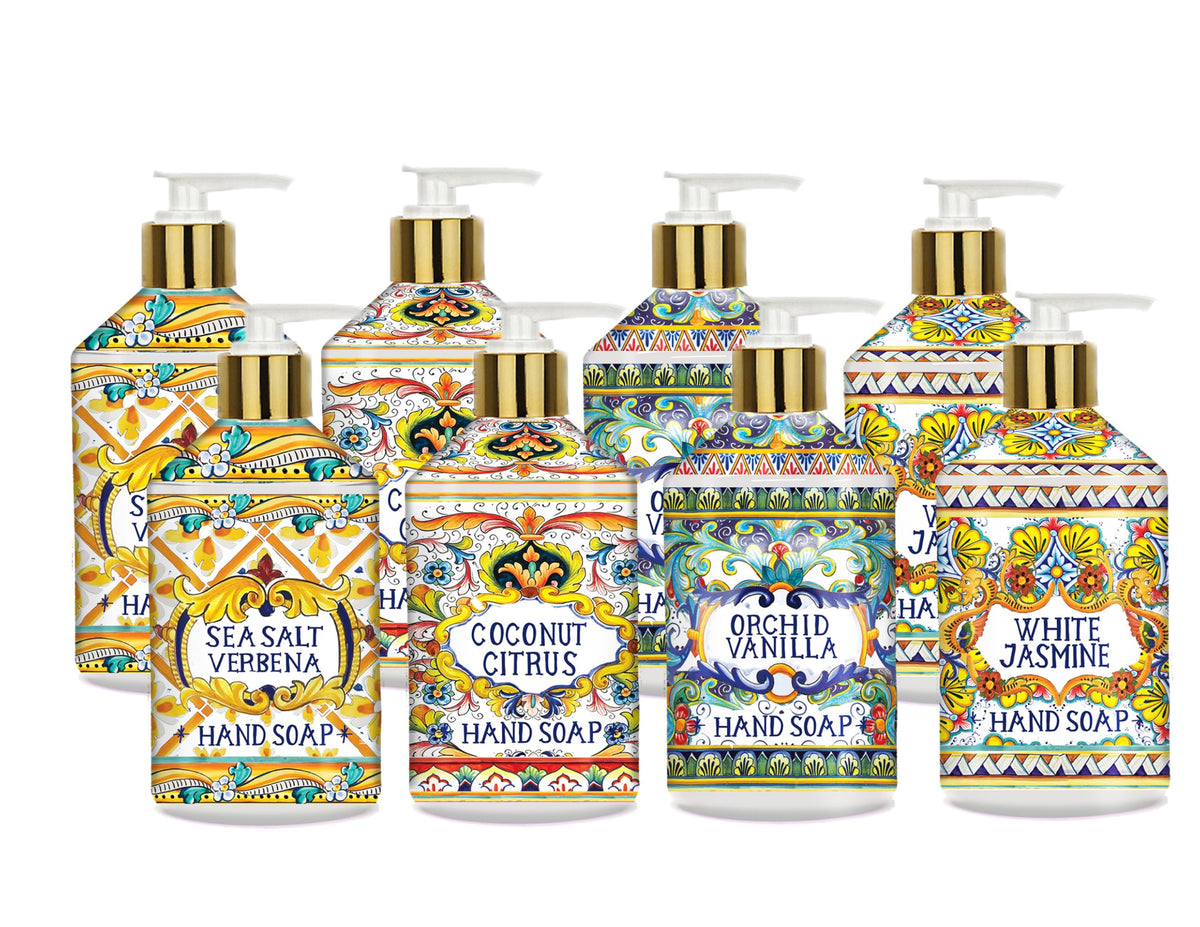 Home & Body Company front packaging showcasing four villa flora soap bottles and benefits