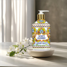 Home & Body Company bottles next to sink demonstrating 21.5 oz size and lasting value