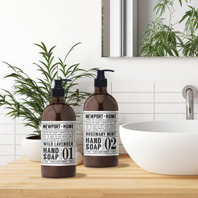 Home & Body Company Newport bottle on bathroom counter conveying aromatic ambiance