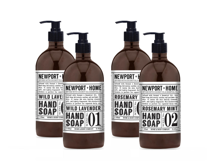 Home & Body Company Newport front bottles showing dual scents and large size for convenience