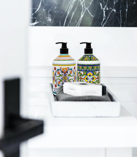 Home & Body Company Perugia bottle on bathroom counter, stylish countertop upgrade benefit