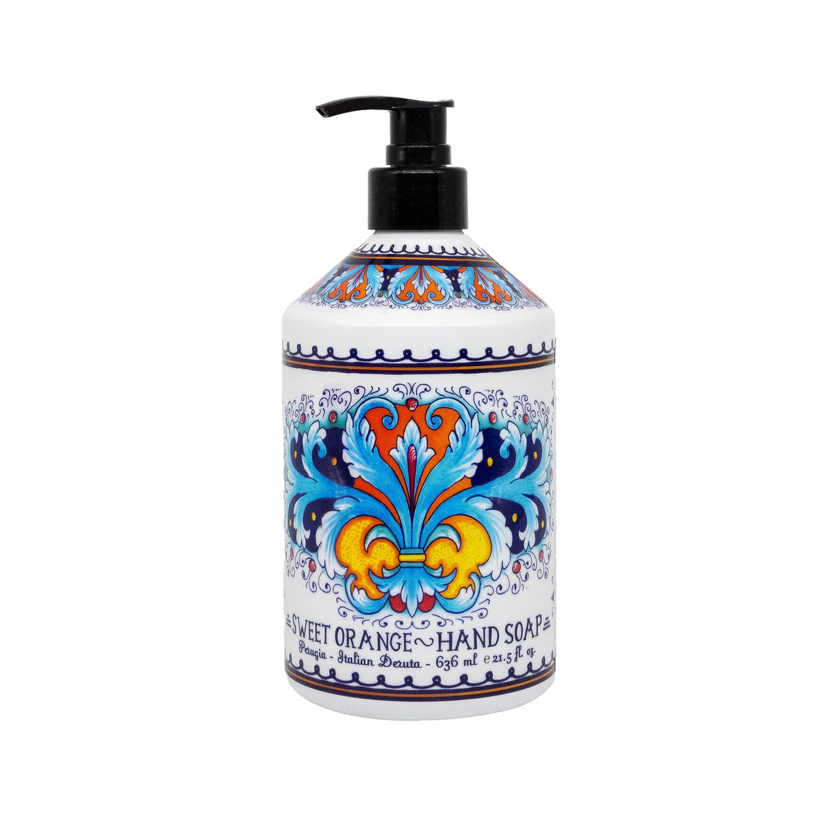 Home & Body Company labels detail on Perugia bottles, decorative Deruta-inspired design benefit