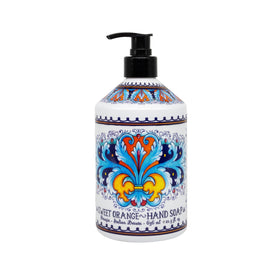 Home & Body Company labels detail on Perugia bottles, decorative Deruta-inspired design benefit