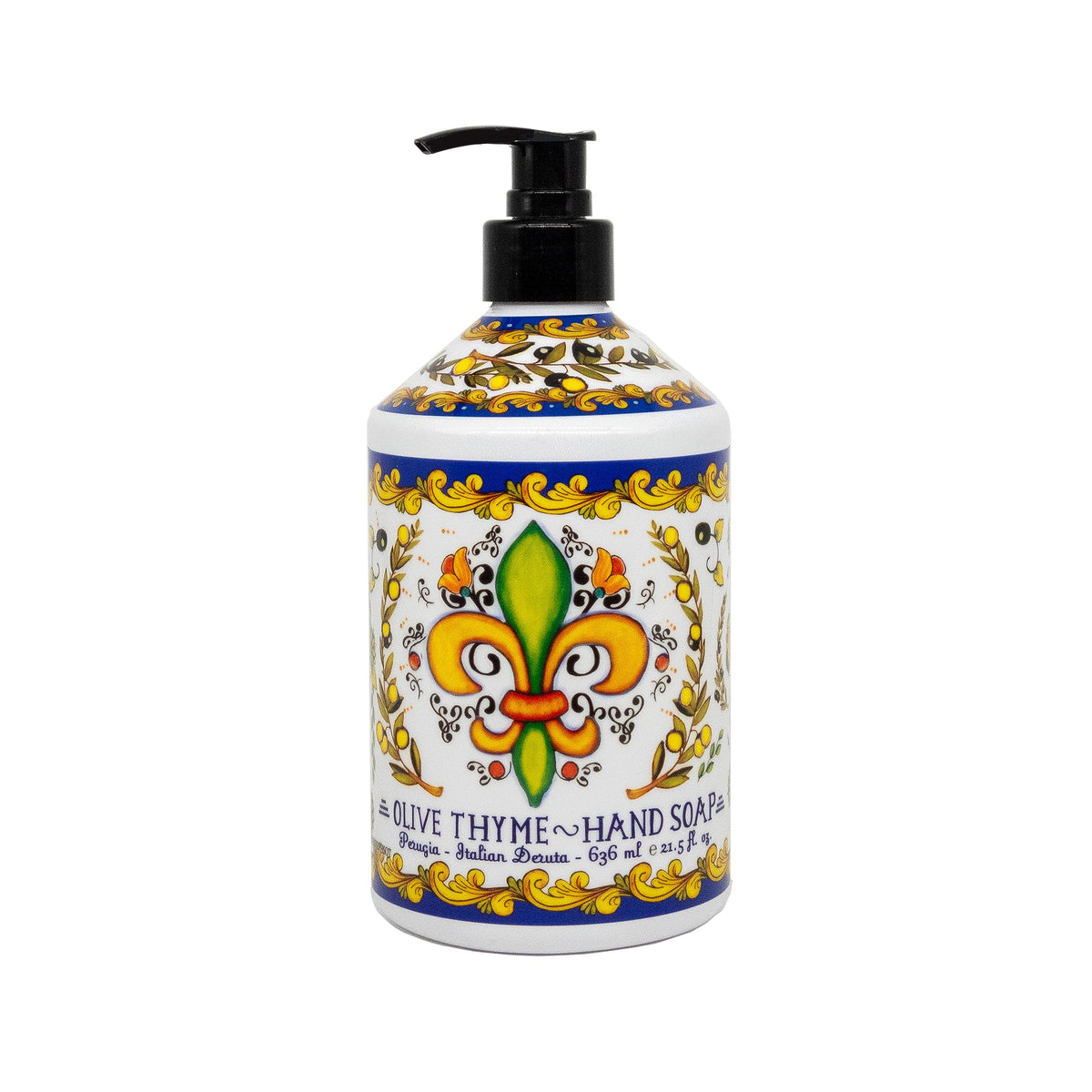 Home & Body Company pump close-up for Perugia bottle, easy dispensing benefit