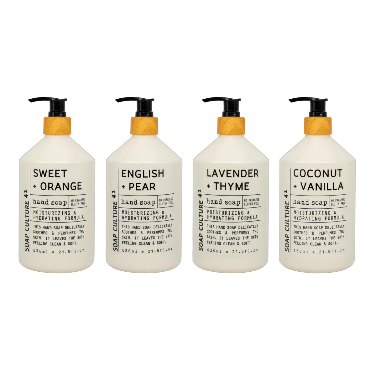 Home & Body Company front view of four-pack bottles showing variety and convenience