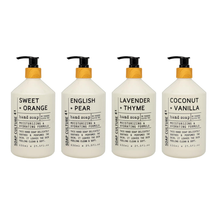 Home & Body Company front view of four-pack bottles showing variety and convenience