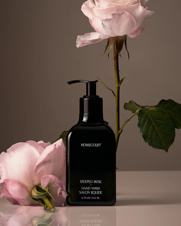 Homecourt bottle front packaging showing steeped rose and benefits