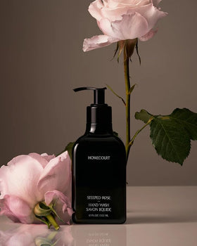 Homecourt bottle front packaging showing steeped rose and benefits