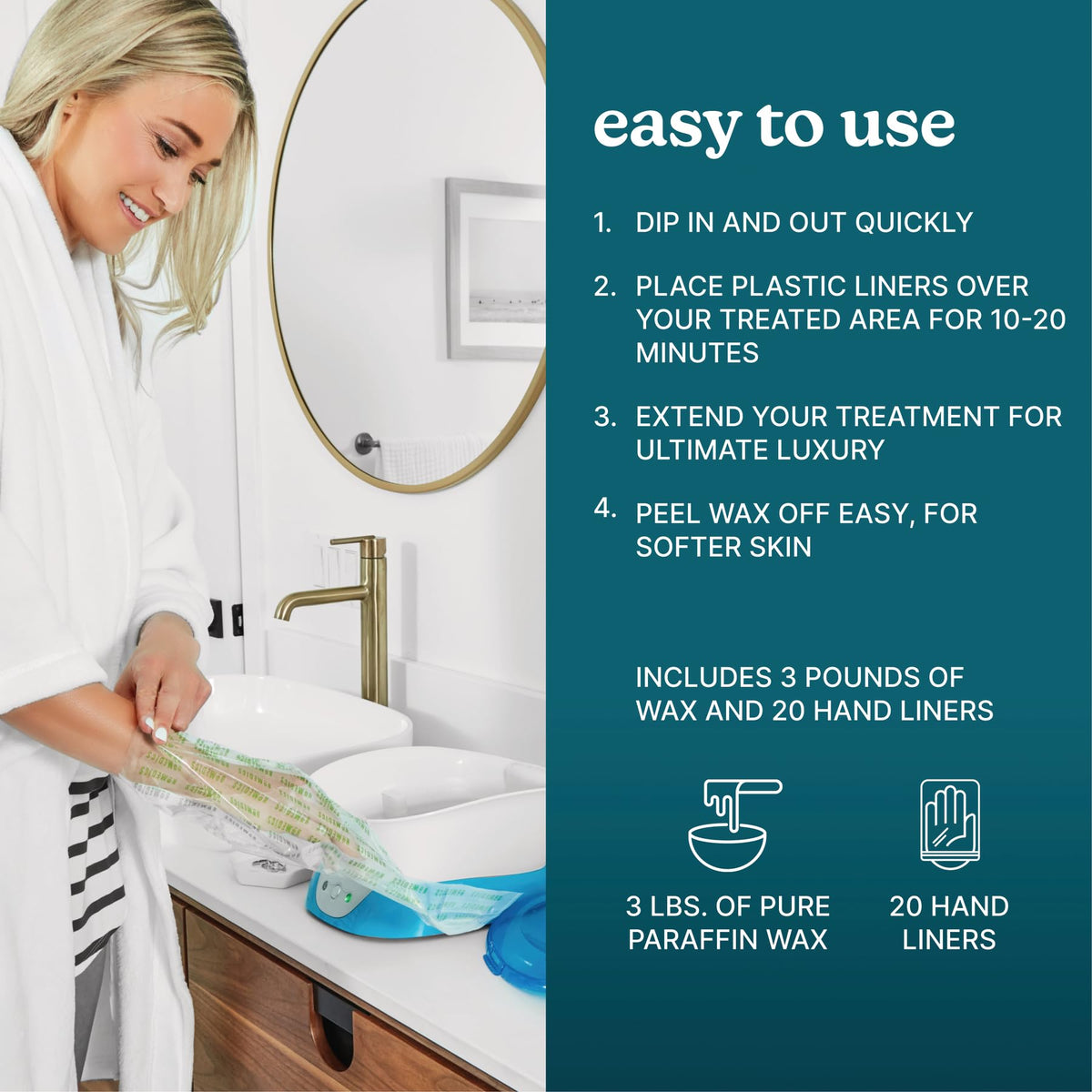 Homedics ParaSpa hands dipping into wax with liner nearby, illustrating easy at-home therapy