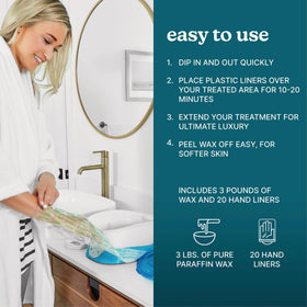 Homedics ParaSpa hands dipping into wax with liner nearby, illustrating easy at-home therapy