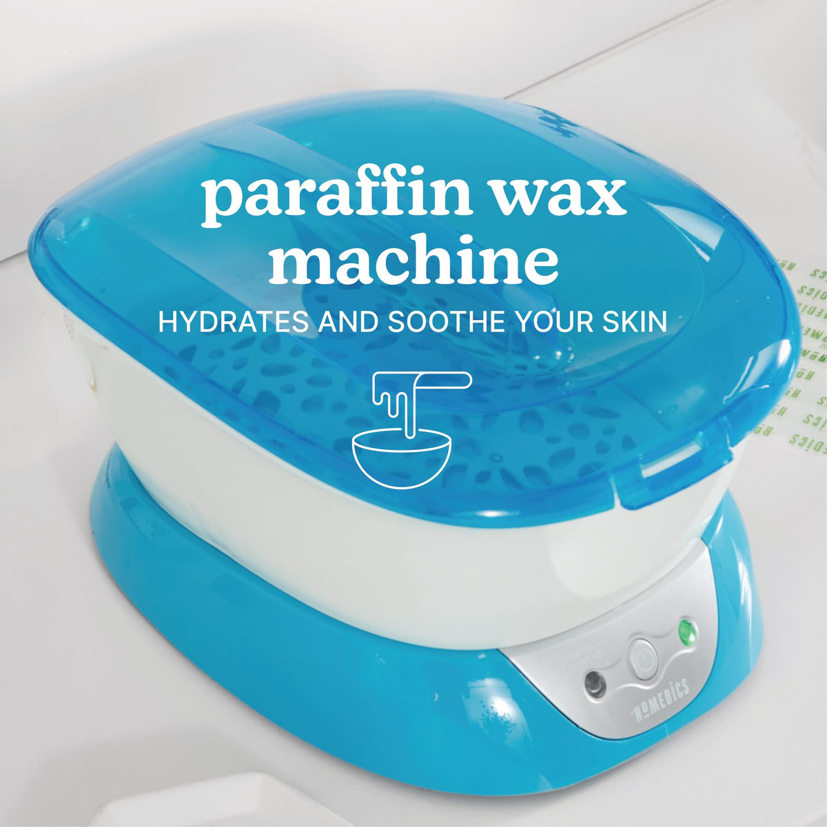 Homedics ParaSpa open lid revealing wax basin and readiness indicator light for safe operation