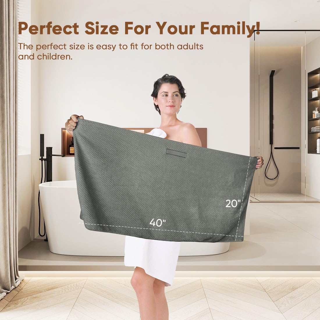 HOMEXCEL size comparison with standard towel showing superior coverage benefit