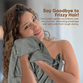 HOMEXCEL woman wearing wrap in bathroom demonstrating secure hands-free drying