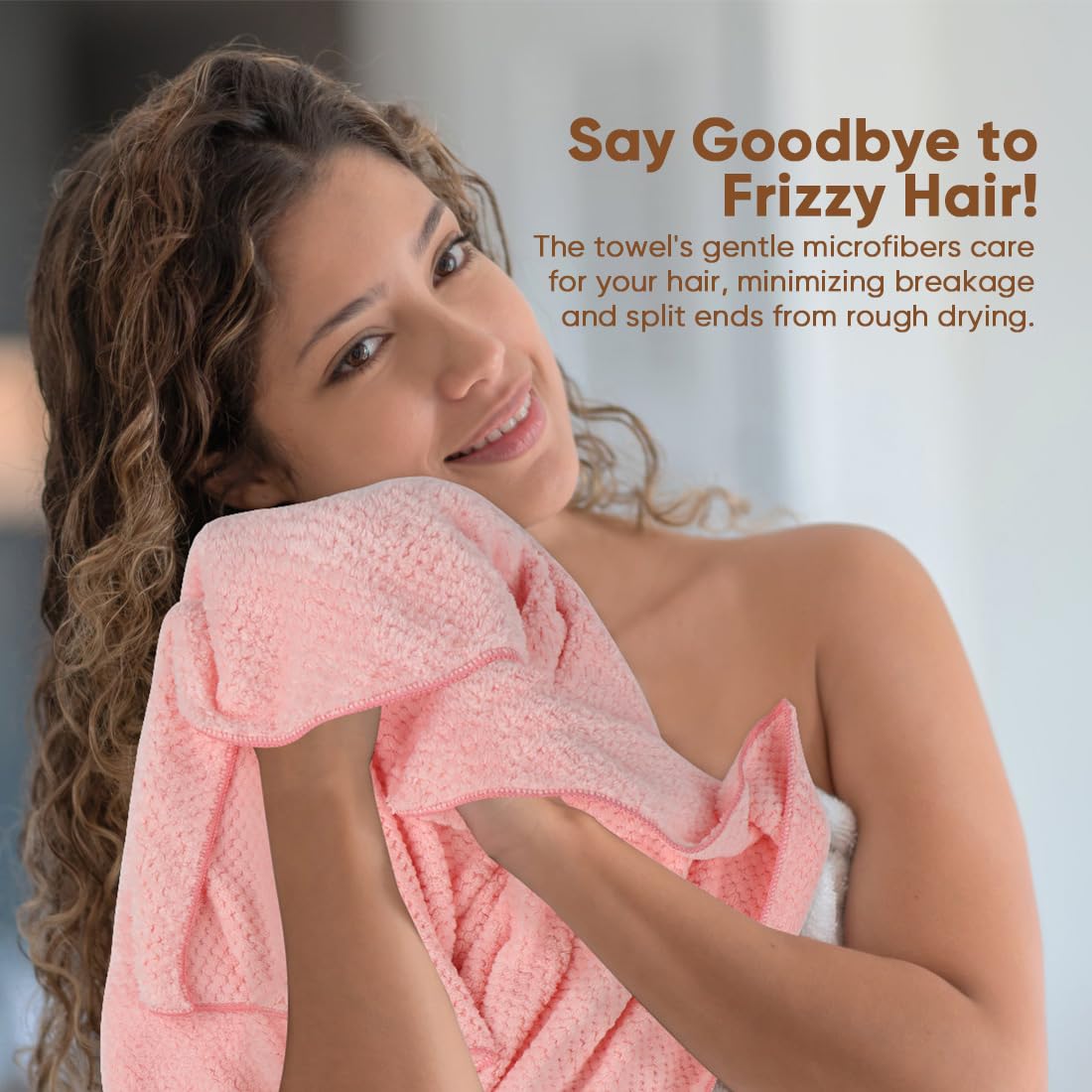 HOMEXCEL towel wrapped on model in bathroom showing hands-free drying convenience