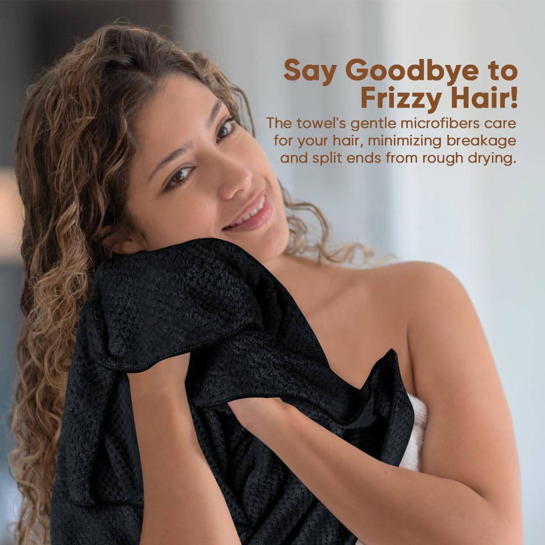 HOMEXCEL wrap on model with long hair demonstrating secure comfort