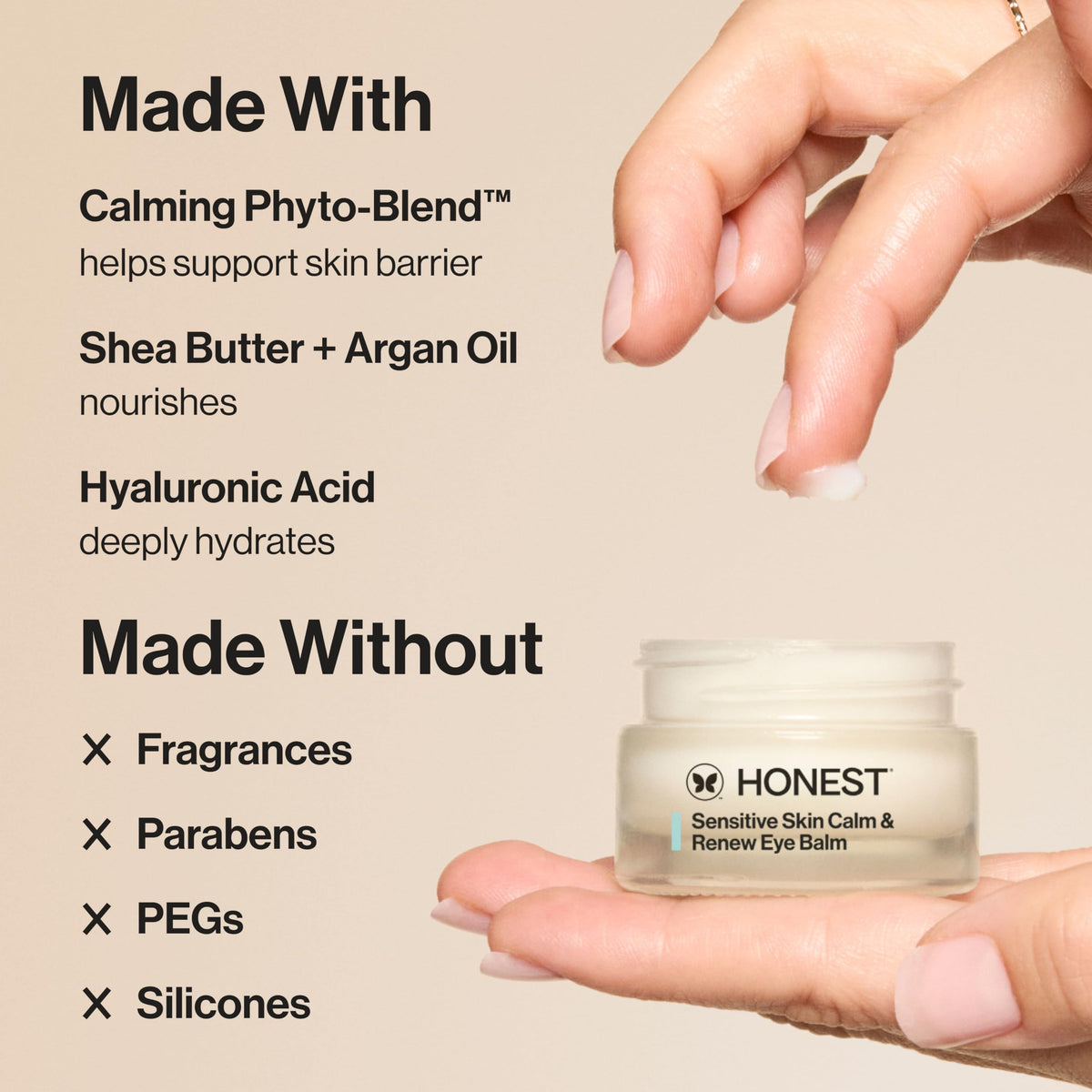 Honest Beauty finger applying balm to skin demonstrating soothing application benefit
