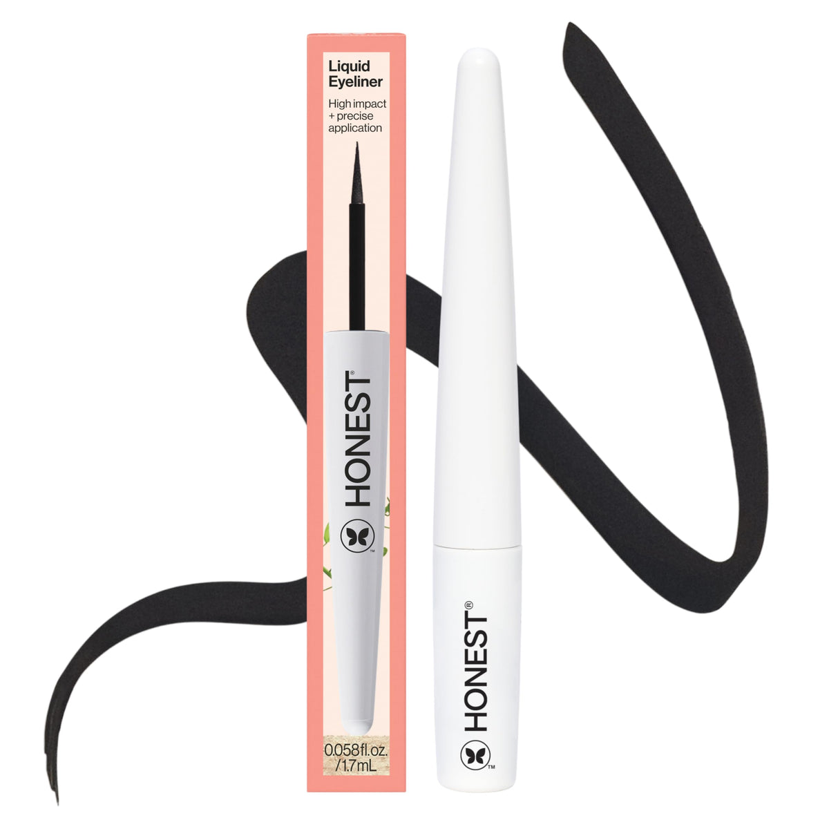 Honest Beauty front packaging showing sleek black eyeliner and clear branding benefit long wear
