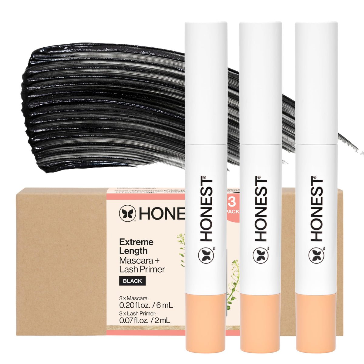 Honest Beauty front packaging showing three double-ended tubes and product benefit