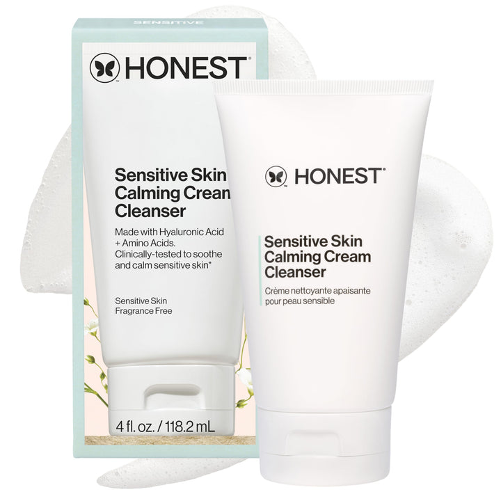 Honest Beauty cleanser front pump showing packaging and gentle formula benefit