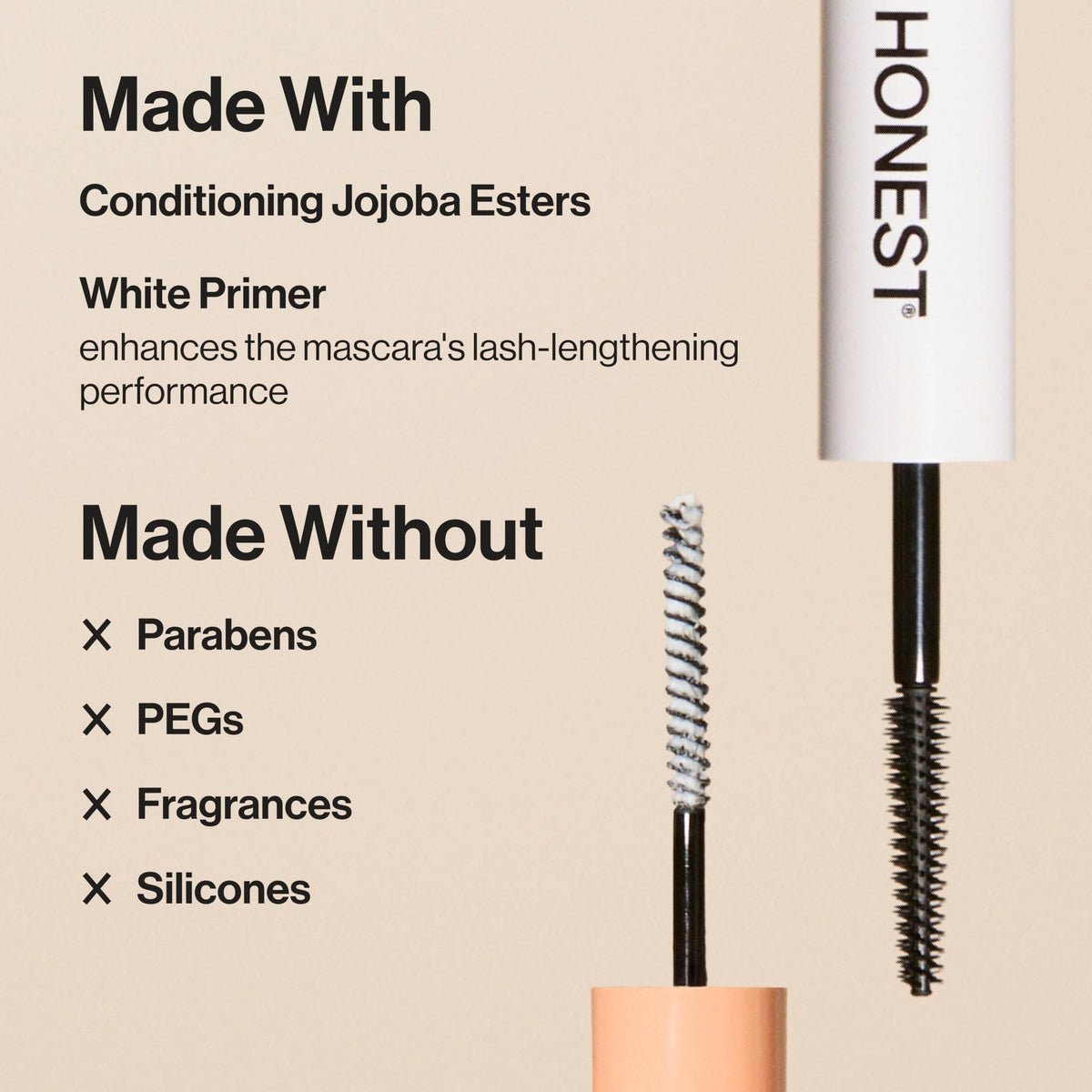 Honest Beauty mascara swatched black on skin showing intense lengthening color