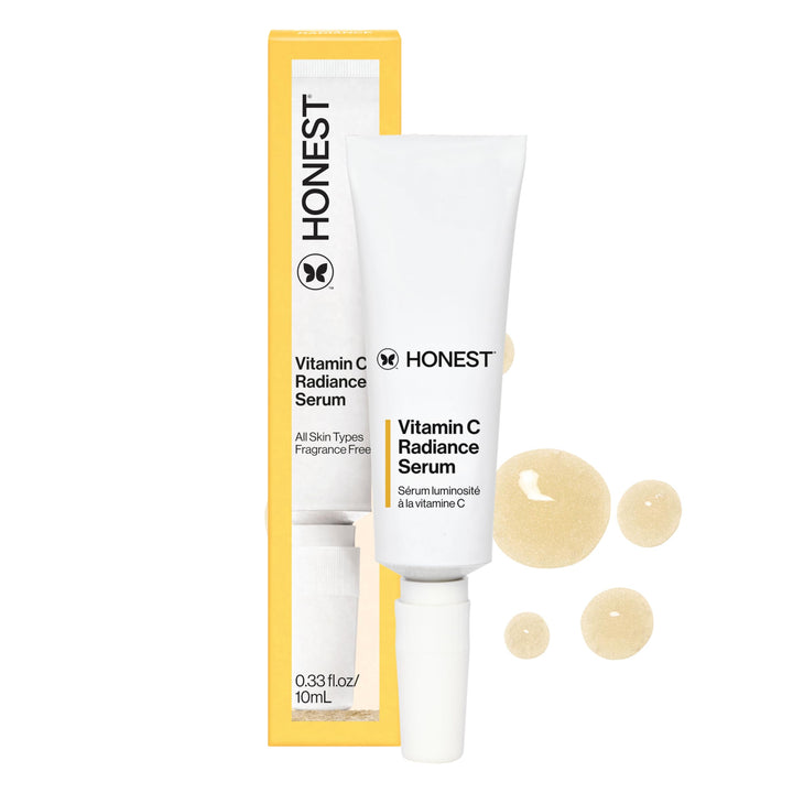 Honest Beauty front packaging showing travel-size serum, easy-to-pack radiance