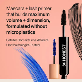 Honest Beauty open dual tube displaying blue primer and black mascara