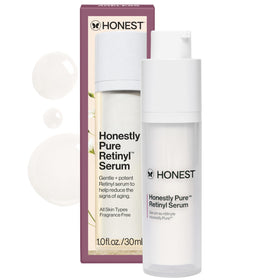 Honest Beauty bottle front view shows simple fragrance-free packaging and benefits