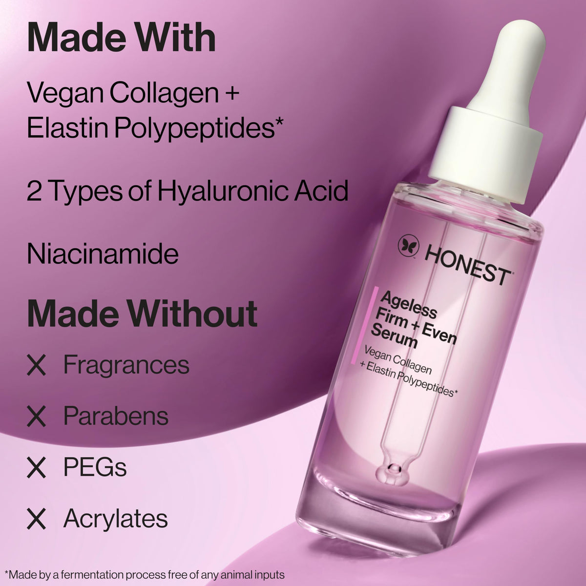 Honest Beauty bottle beside hyaluronic acid visuals emphasizing hydration