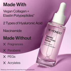 Honest Beauty bottle beside hyaluronic acid visuals emphasizing hydration