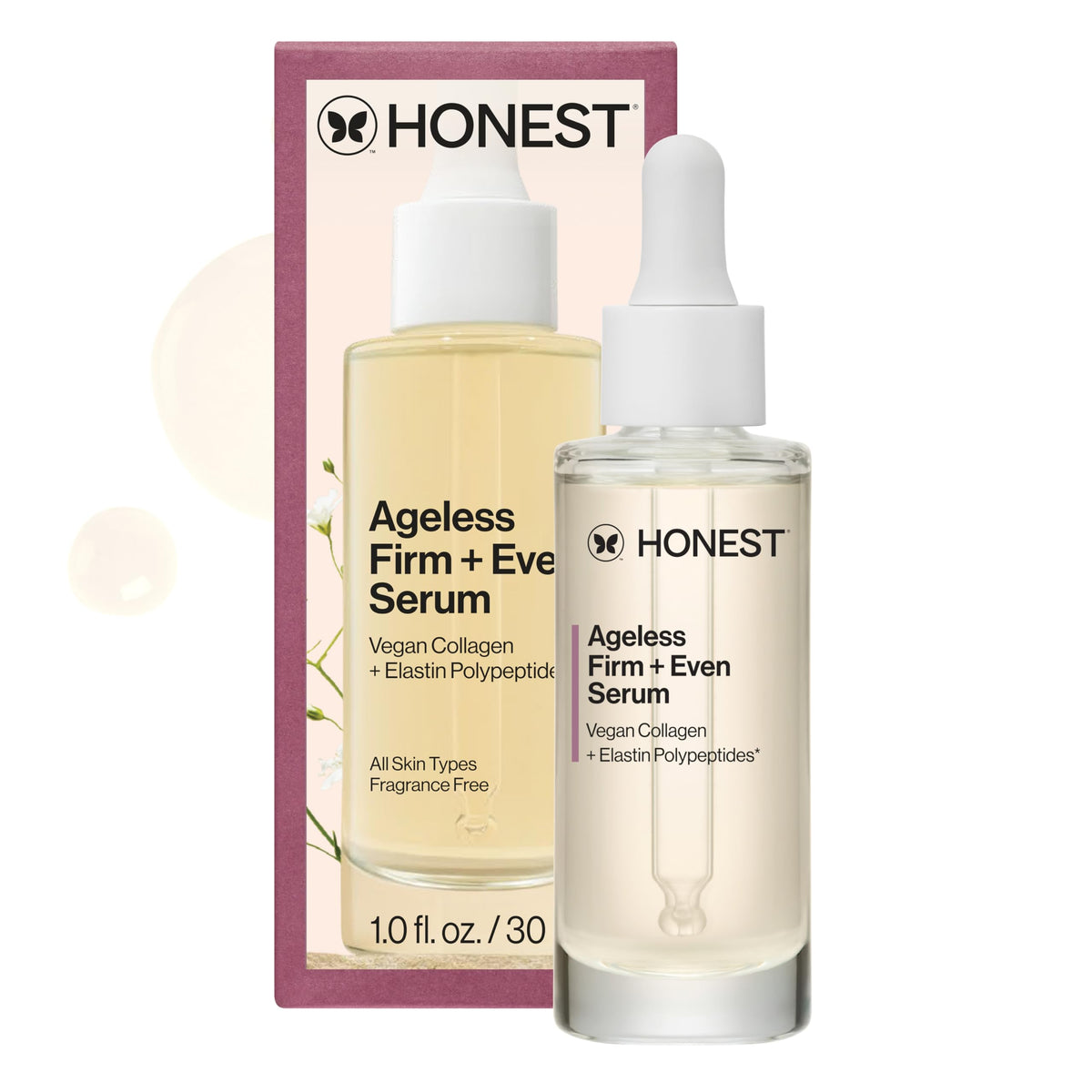 Honest Beauty serum front packaging showing clean design and vegan benefit