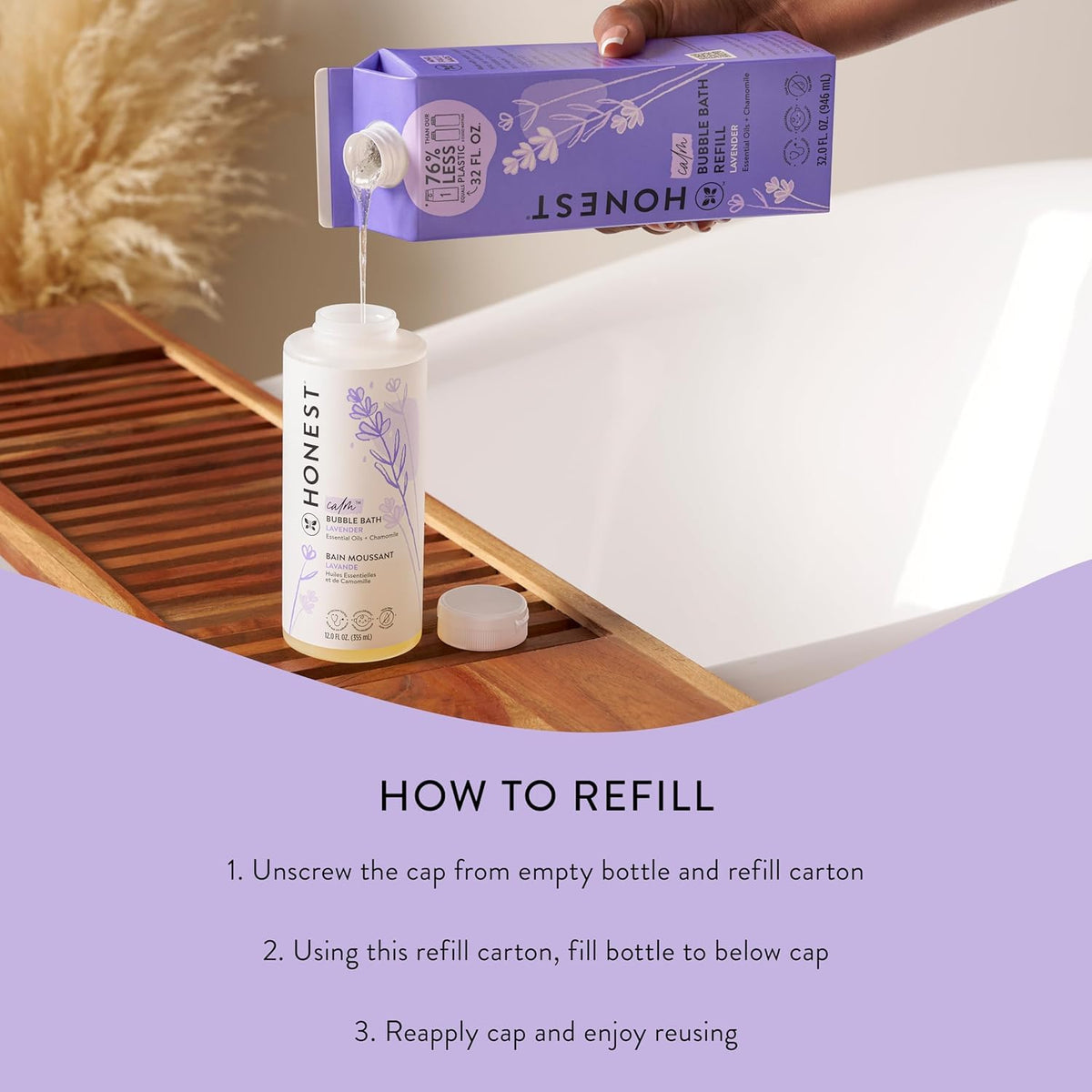 Parent and child enjoying bathtime with The Honest Company bubbles showing calming benefit