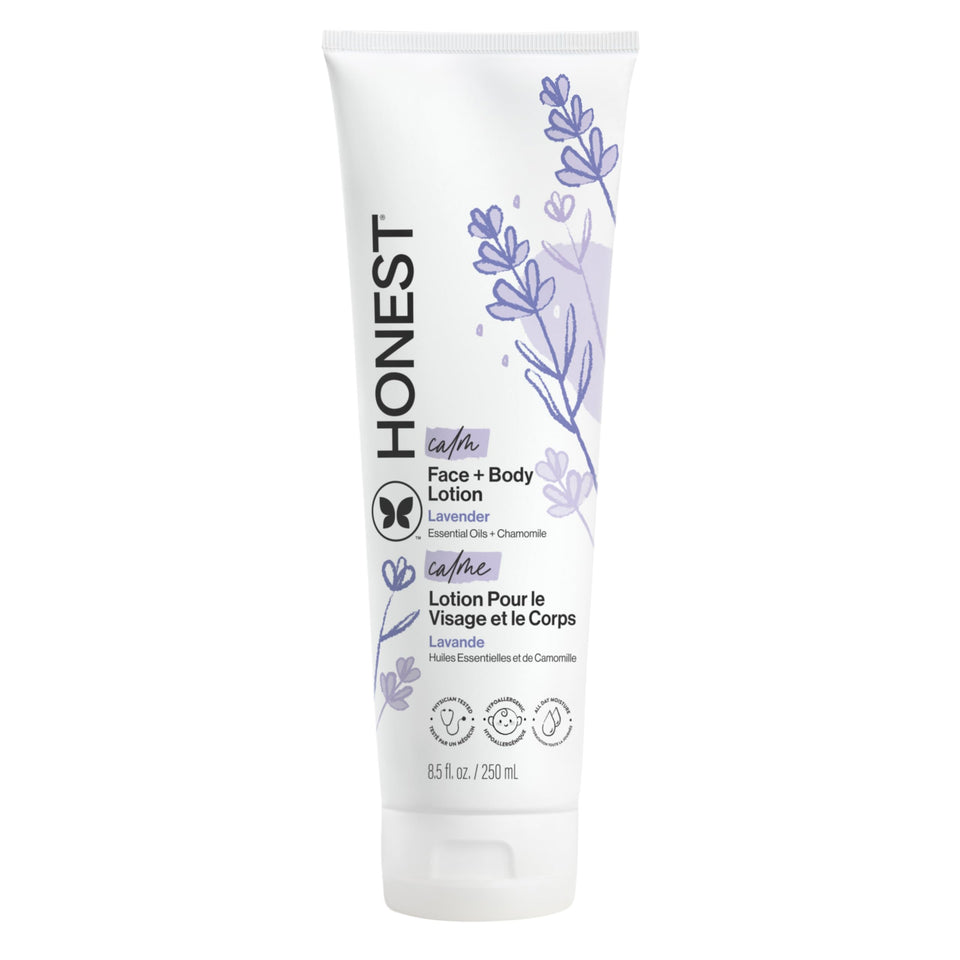 The Honest Company bottle front view showing lavender lotion, soothing hydration