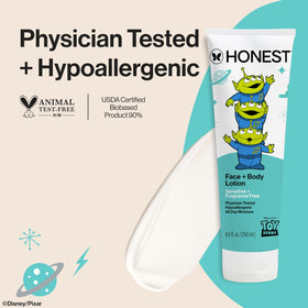 The Honest Company lotion pumping out smooth texture highlighting fast-absorbing, non-greasy finish