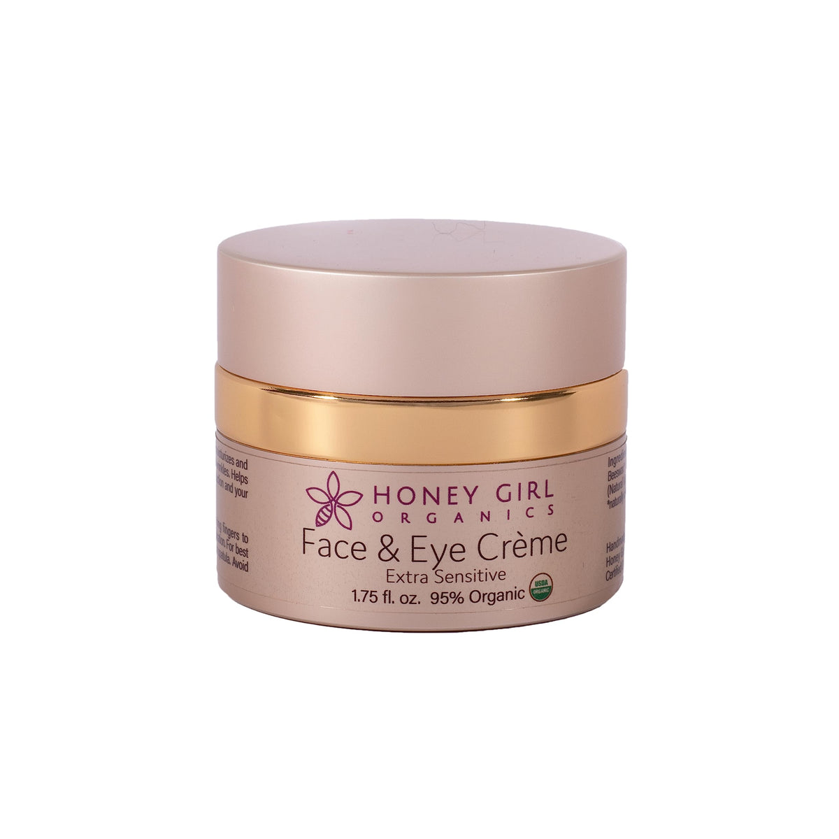 Honey Girl Organics jar front view showing unscented face and eye creme for gentle hydration