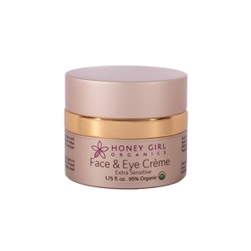 Honey Girl Organics jar front view showing unscented face and eye creme for gentle hydration