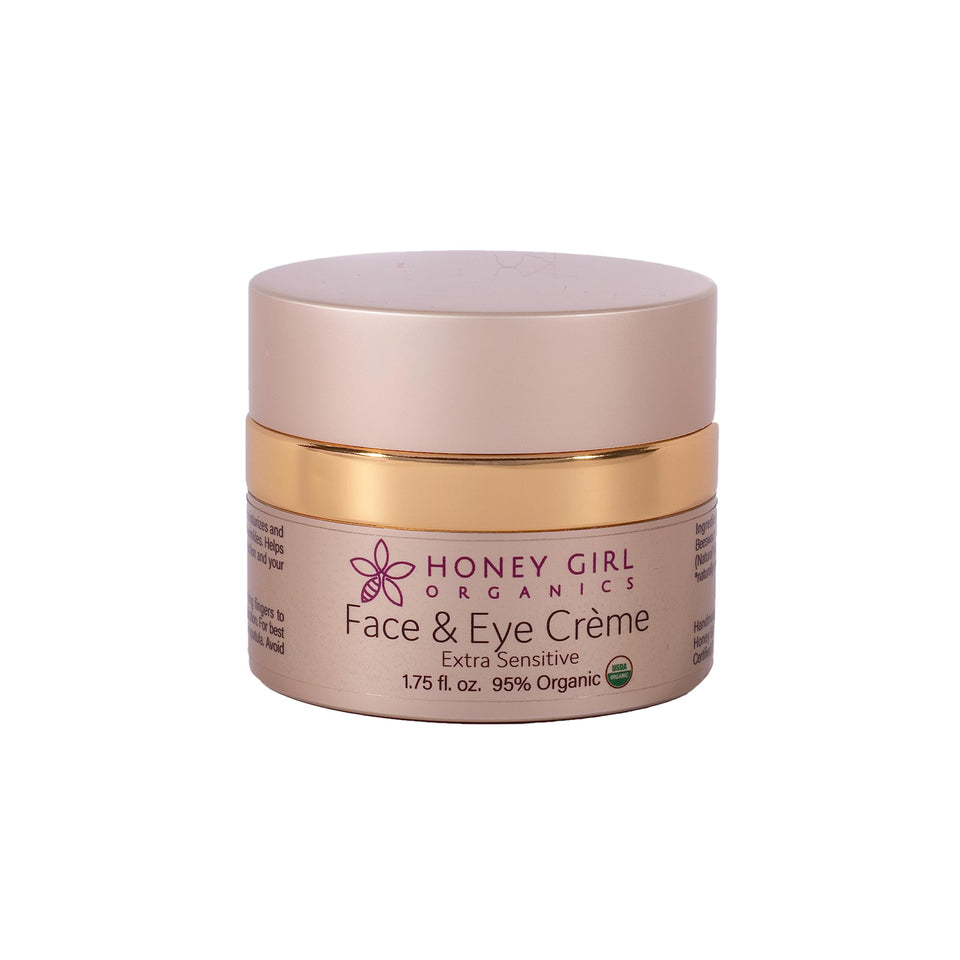 Honey Girl Organics jar front view showing unscented face and eye creme for gentle hydration