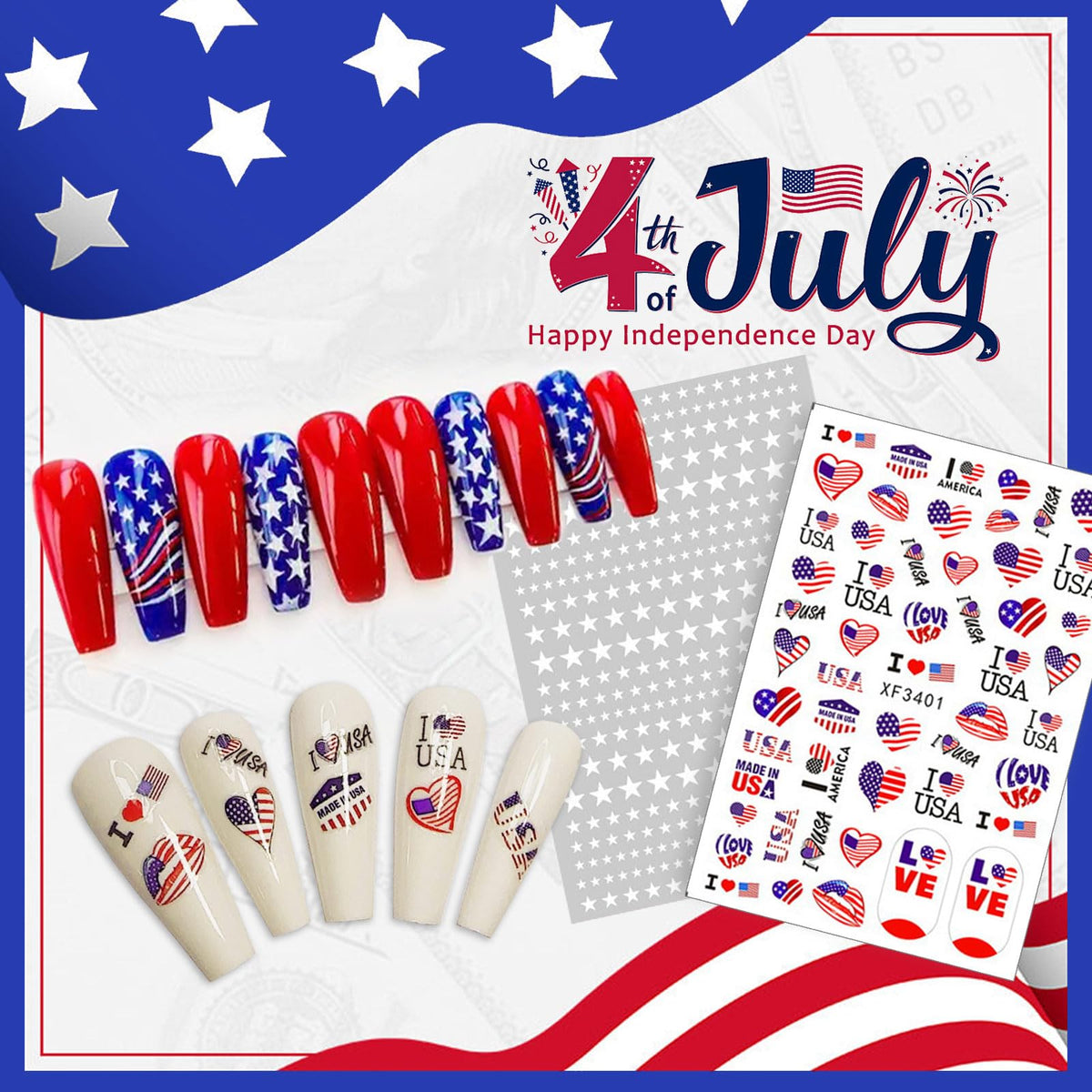 Honey Joy finished nails in Fourth of July style showcasing glossy durable color
