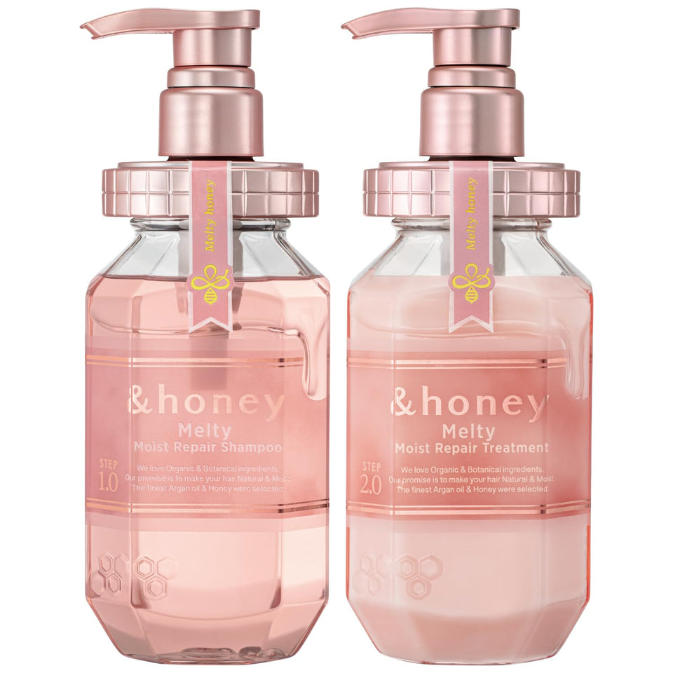 &honey front packaging showing shampoo and conditioner and clear product benefits