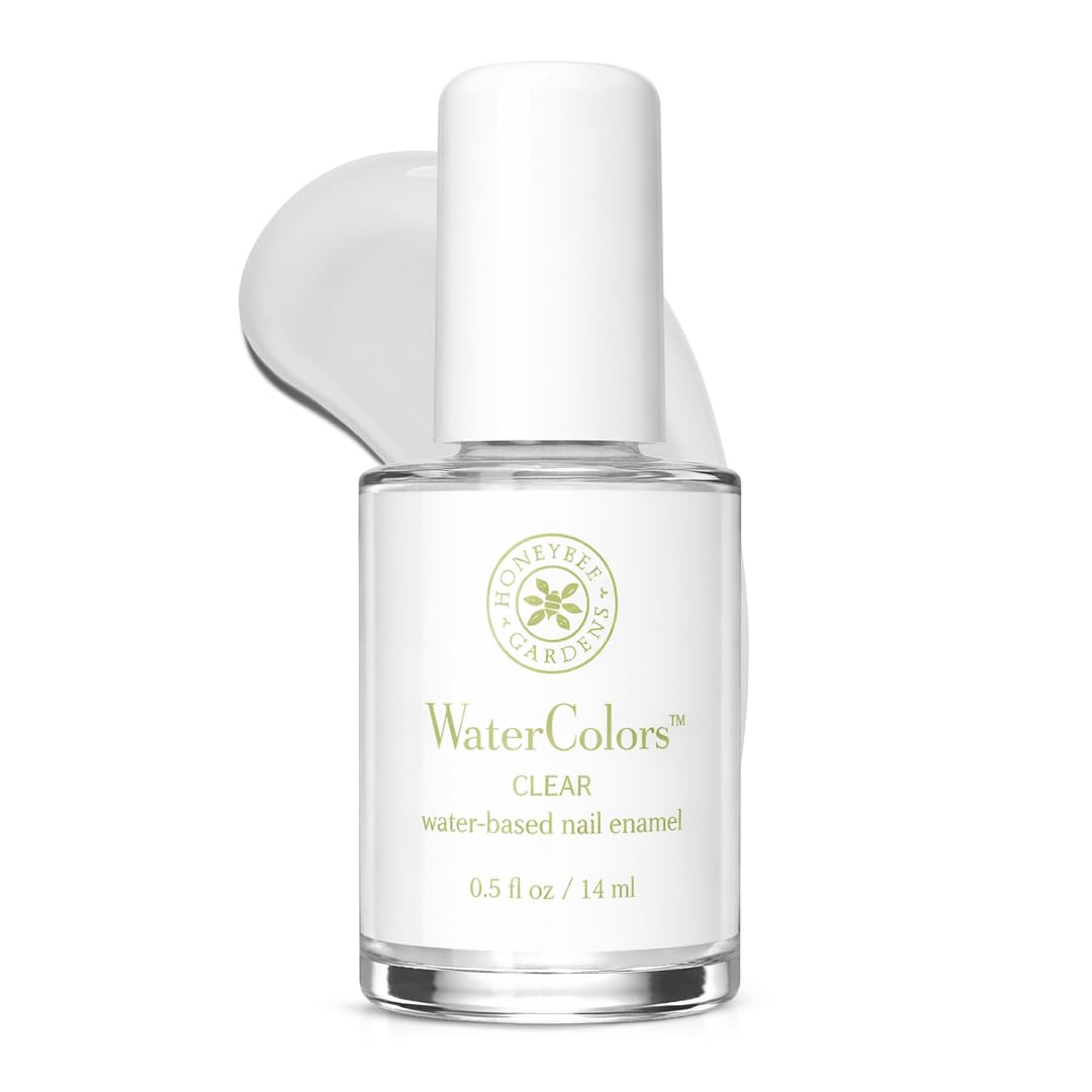Honeybee Gardens bottle front view showing clear water-based polish and glossy finish